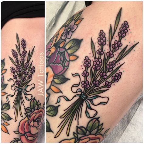 Got to do a little Lavender bunch for @nickidub79 🖤 . Swipe >>> to see the drawing .  #jawtattoos #jessicaannwhite #lavender… Lilac And Gooseberries Tattoo, Lavender Reference, Bunch Of Flowers Tattoo, Wildflower Tattoos, Rosemary Tattoo, Lavender Bunch, Flower Bouquet Tattoo, Traditional Tattoo Flowers, Autumn Tattoo