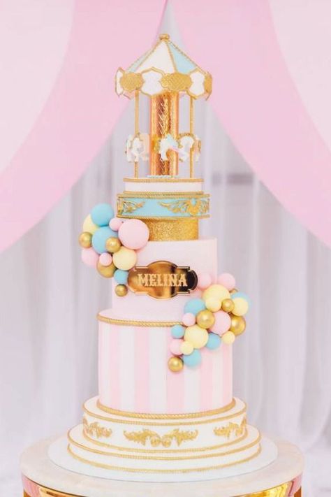 Fall in love with this gorgeous circus-themed birthday party! The cake will blow you away! See more party ideas and share yours at CatchMyParty.com #partyideas #circus #circusparty #girlbirthdayparty #circuscake Pastel Carnival Birthday Cake, Carnival Party Cake, Pastel Circus Birthday Party, Pastel Carnival Cake, Carnival Birthday Party Cake, Carnival Cake Ideas, Carnival Birthday Cake, Carnival Themed Cakes, Carnival Birthday Cakes