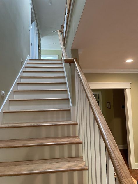 Half open half closed stair railing - Home Improvement Stack Exchange Enclosed Staircase, Open Stairs, Treads And Risers, Stack Overflow, Stair Railings, Stair Handrail, Newel Posts, House Fire, Stair Treads