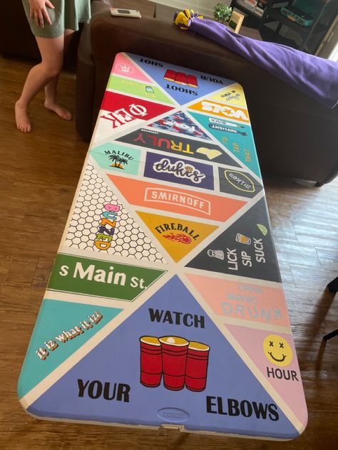 Pong Table Painted Simple, Watch Your Elbows Beer Pong, Bottoms Up Pong Table, Diy Pong Table Ideas, Beer Pong Table Painted Alcohol Brands, Shoot Your Shot Beer Pong Table, Beer Pong Table Painted Ideas Funny, Ping Table Ideas, Die Table Ideas