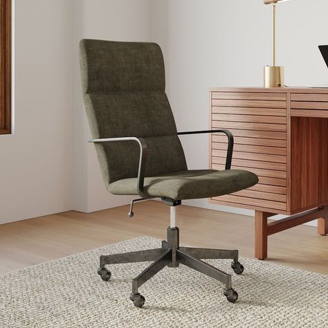 Cooper Mid-Century High-Back Swivel Office Chair | West Elm Gray Office Chair, Wooden Office Chair, Gray Office, Modern Desk Chair, Modern Home Office Furniture, White Office Chair, Contemporary Home Office, High Back Office Chair, Stylish Desk