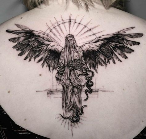 Bible Angel Tattoo, Evil Angel Tattoo, Good And Evil Tattoos, Dark Angel Tattoo, Angel Back Tattoo, Heaven Tattoos, Evil Tattoos, Tattoo Inspiration Men, Angel Tattoo Designs