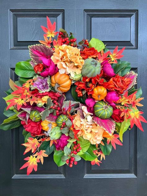 Autumn Tablescapes, Elegant Fall Wreaths, Decorative Doors, Door Art, Faux Pumpkins, Christmas Front Porch, Magnolia Leaves, Spring Wreaths, Wreath Decoration