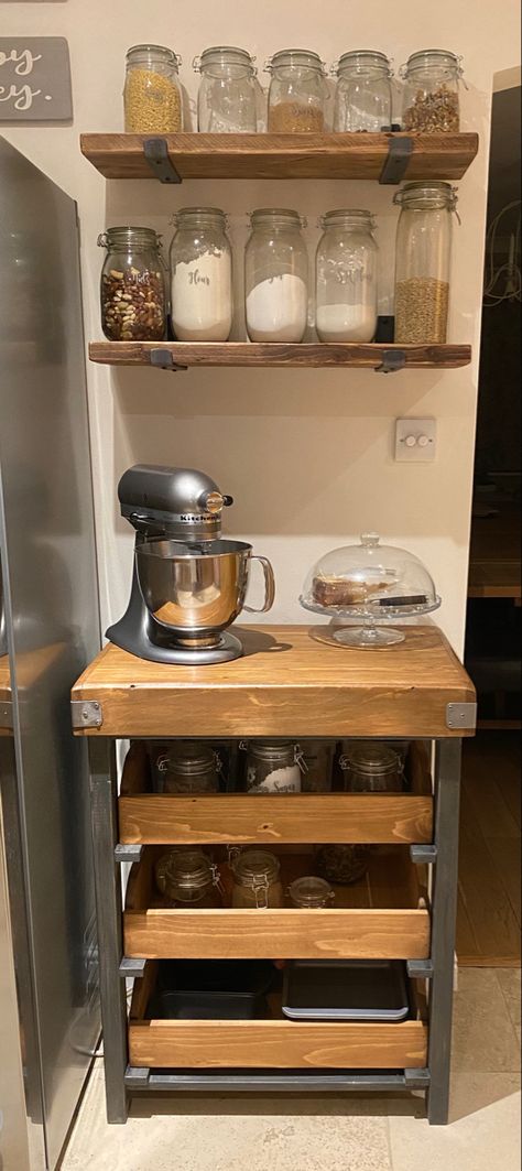 Baker Area In Kitchen, Open Shelving Baking Station, Baking Cupboard Ideas, Baking Station Cabinet, Kitchenaid Baking Station, Small Baking Area In Kitchen, Bakery Station At Home, Baking Station Ideas Counter Space, Small Kitchen Baking Station