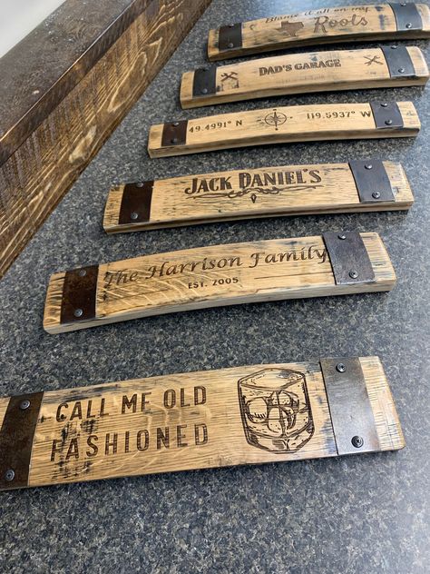 Have a piece of history into your home with our Custom Engraved Authentic Barrel Stave! Handcrafted from genuine reclaimed oak barrels, each stave is a one-of-a-kind piece full of rustic charm and character. Features: Authentic Material: Made from genuine oak barrel staves, each with unique grain patterns. Custom Engraving: Personalize with names, dates, quotes, or special messages (up to 30 characters). Versatile Decor: Perfect for wall art, home bars, weddings, and gifts. Eco-Friendly: Crafted Whiskey Stave Ideas, Whiskey Barrel Stave Ideas, Beer Canoe, Gift Ideas For Clients, Barrel Crafts, Dates Quotes, Wine Barrel Crafts, Wine Barrel Rings, Character Features