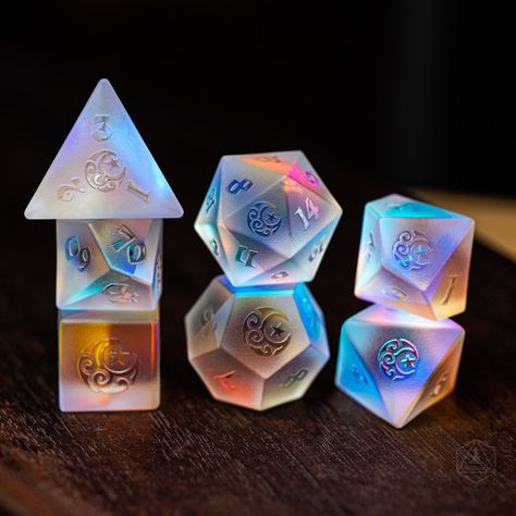 Raised Full Set Dichroic Glass Polyhedral Dice Set Gemstone - Etsy Australia Cool Dnd Dice, Pretty Dice, Prism Light, Dice Goblin, Light Refraction, Dragon Dies, Dungeons And Dragons Dice, Dice Tray, Dnd Dice