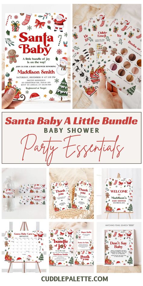 Treat your guests to a Christmas fantasy with our Santa Baby A Little Bundle Baby Shower Party Essentials. Flip through our Christmas-themed collection of invitations, party decors, and games to make your baby shower an extraordinary one. Click through and start planning! Santa Baby Baby Shower Theme Food, Baby Shower Christmas Theme Girl, December Baby Shower Themes Girl, Santa Baby Shower Theme, Christmas Baby Shower Centerpieces, Santa Baby Shower Ideas, December Baby Shower Themes, Santa Baby Baby Shower Theme, Christmas Baby Shower Decorations