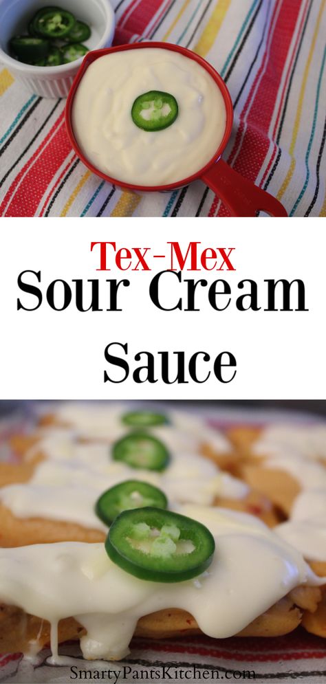 Restaurant-quality! Creamy, tangy Tex-Mex Sour Cream sauce is perfect with enchiladas, tamales, fajitas, tacos or just add a dollop on your black beans! Ready in under 15 minutes! Fajita Cream Sauce, Sour Cream Drizzle For Tacos, Sour Cream Sauce Recipe, Sour Cream For Tacos, Sour Cream Sauce For Tacos, Sour Cream Sauce For Enchiladas, Flavored Sour Cream, Sour Cream Enchilada Sauce, Mexican Sauce Recipes