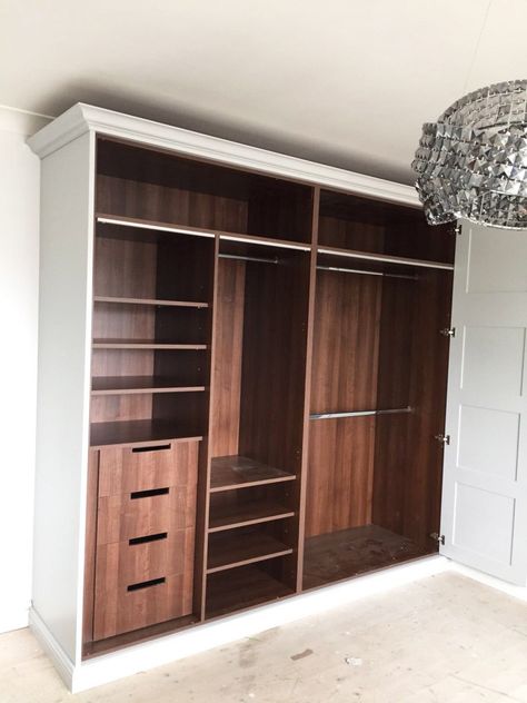 Dark Academia Closet Furniture, Dark Brown Wardrobe Bedroom, Wardrobe Dark Wood, Dark Wood Closet, Dark Wood Wardrobe, Room Wardrobe Design, Bedroom Organisation, Dark Brown Furniture, Wooden Armoire