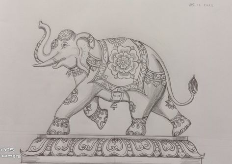 Two Elephants Drawing, Elephant Tanjore Painting, Figer Sketch, Indian Elephant Drawing, Elephant Art Drawing, Indian Elephant Art, Elephant Sketch, Temple Drawing, Ancient Drawings