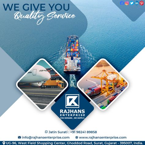 We Give You Quality Service #export #merchantexporter #indianexporters #madeinindia #indiaexports #exportimport #business #exportimportbusiness #Quality #Service #qualityproducts #qualityservice #apparels #tshirts #ceramictiles #packagingsolutions #corrugatedboxes #cartonbox #fruitsandvegetables #nonwovenbags #demand #supply Import Export Creative Ads, Cargo Poster Design, Importation Flyer, Poster Design Kids, Travel Advertising Design, Social Media Campaign Design, Travel Advertising, Church Poster Design, Freight Forwarder