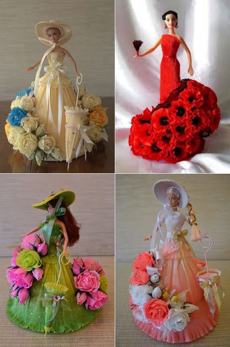 DIY Crepe Paper Barbie Dress Flower Bouquet #Crafts, #Gifts Barbie Chocolate, Crepe Paper Crafts, Candy Crafts, Flowers Bouquet Gift, Boyfriend Diy, Crepe Paper Flowers, Chocolate Bouquet, Candy Bouquet, Barbie Diy