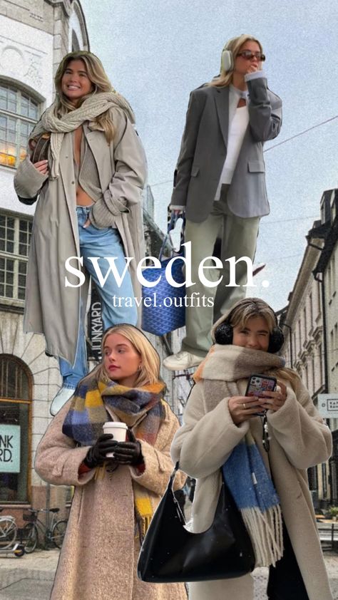 Sweden. Travel outfit inspo #travel #traveloutfit #outfit #sweden #stockholm #fashion #scandinavianfashion #scandi Winter Outfits Sweden, Winter Sweden Outfit, Scandinavian Fashion Aesthetic, Sweden Outfit, Sweden Style, Swedish Style Fashion, Swedish Outfit, Stockholm Travel, Sweden Fashion