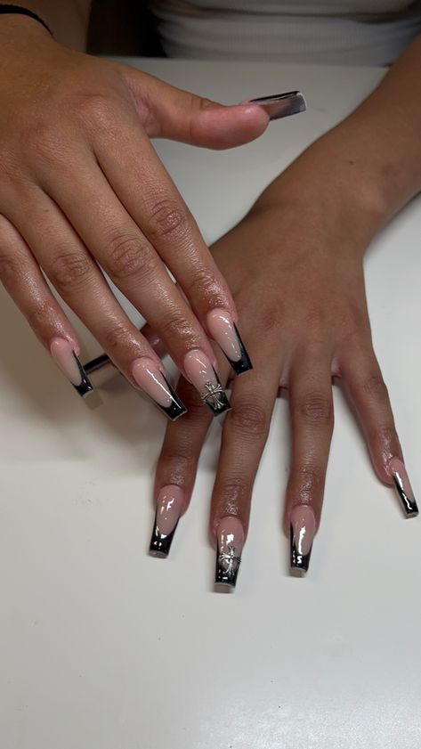 Black French Tips With Cross Charms, Almond Nails With Cross Charm, Black French Tip Nails With Cross, Black Nails With Cross Charm, Black French Tip Chrome, Black And Silver Chrome Nails, Chrome And Black Nails, Chrome Cross Nails, Black Nails With Cross