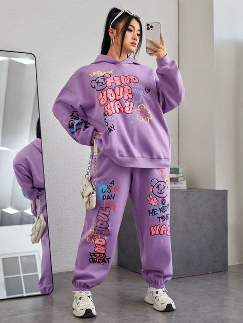 SHEIN Coolane Women'S Plus Size Cartoon Letter Printed Hoodie And Sweatpants Casual SetI discovered amazing products on SHEIN.com, come check them out! Plus Size Cartoon, Casual Outfits Plus Size, Shein Outfits, Letter Print Hoodie, Cartoon Letters, Hoodie And Sweatpants, Co Ords, Casual Sets, Fashion Online Shop