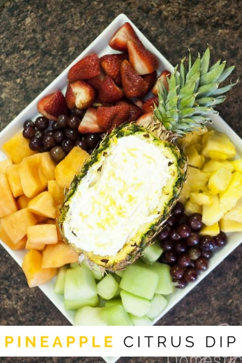 Pineapple Serving Ideas, Fruit Platter Pineapple, Pineapple Fruit Display, Housewarming Fruit Platter, Fruit Platter Pineapple Center, Pineapple Boats, Hawachee Fruit Bowl, Fruit Dips, Fruit Dips Recipes