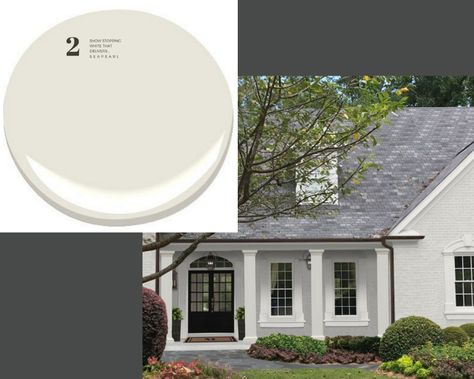 6 Show Stopping Whites That Deliver Every Time | blog | brickbatten Benjamin Moore Exterior, White Exterior Paint, Front Landscape, Warm Paint Colors, White Exterior Houses, Painted Brick House, Exterior Houses, Paint Your House, Exterior Makeover