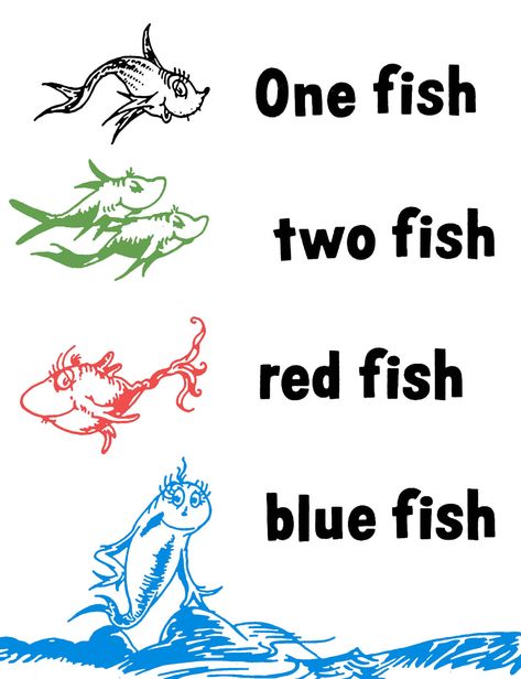 Dr Seuss One Fish Two Fish Red Fish Blue Fish 1 Fish 2 Fish, Fish Handprint, Dr Seuss Coloring Pages, Fish Printables, Dr. Seuss Book, Childrens Book Characters, Dr Seuss Crafts, Beach Scrapbook Layouts, Shark Tale