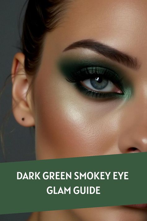 Dark Green Smokey Eye Glam Guide Formal Makeup For Green Eyes, Dark Green Smokey Eye, Green Goth Makeup, Green Smokey Eye Tutorial, Dark Green Eyeshadow, Olive Green Eyeshadow, Emerald Eye Makeup, Smokey Eye Glam, Makeup Edgy