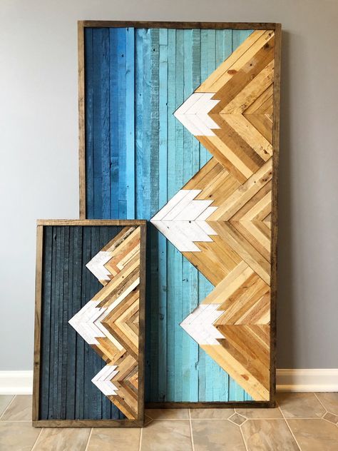 Mountain Wood Wall, Mountain Wood Art, Mountain Wood Wall Art, Diy Wand, Wood Art Projects, Dekor Diy, Wood Wall Art Decor, Reclaimed Wood Wall, Cool Wall Art