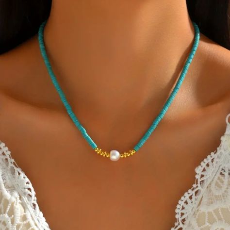 Cute, But Elevated, 18k Gold Plated Choker Necklace In Turquoise Mix Is A Trendsetter's Secret Weapon To Nailing A Cool-Meets-Chic Style.This Choker Necklace Is A Playful Piece That'll Freshen Up Any Look.The Perfect Gift For The One You Love. Item Details: * Process: Handmade * Item Type: Choker Necklace * Plated: 18k Golden Plated * Natural Stone: Turquoise * Mosaic Material: Fresh Water Pearl * Main Material: Fresh Water Pearl * Style: Elegant,Vacation * Closure: Lobster Clasp * Quantity: 4 ( Large Pearl Necklace, Turquoise Jewelry Set, Homemade Necklaces, Fresh Water Pearl Necklace, Coastal Jewelry, Turquoise Beaded Necklace, Vacation Jewelry, Turquoise Choker, Heishi Necklace