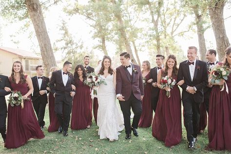 Fall Wedding Burgundy And Black, Burgandy Bridesmaids Dresses With Groomsmen, Maroon Groom Suit Bridesmaid Dresses, Black White Gold Maroon Wedding, Groom Burgundy Suit Bridesmaid Dresses, Burgundy Groom Suit Wedding Inspiration, Black And Burgundy Groomsmen, Burgundy Black And Gold Wedding Bridesmaid Dresses, White Black And Burgundy Wedding