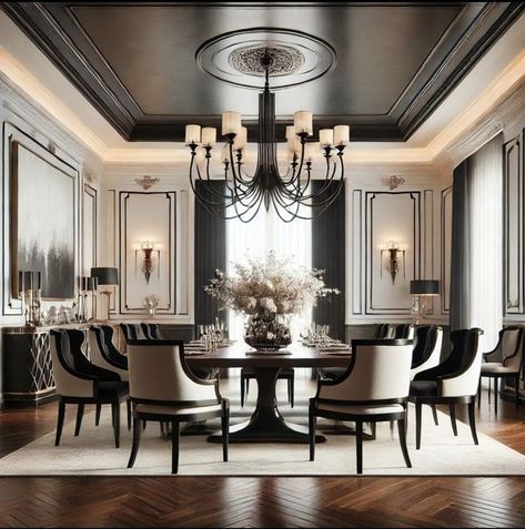 Dining Room With Brown Table, Formal Dining And Living Room Combo, Old Money Dining Room, Neo Classic Dining Room, Modern Formal Dining Room, Modern Victorian Dining Room, Modern Transitional Dining Room, Elegant Dining Room Decor, Glamorous Dining Room