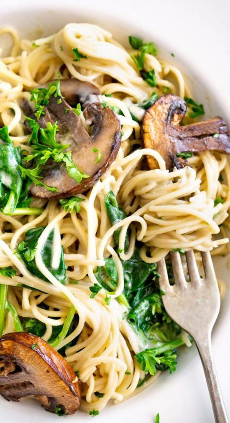 Dairy Free Spinach Pasta, Mushroom Pasta Dairy Free, Mushroom Angel Hair Pasta, Vegan Angel Hair Pasta Recipes, Pasta Mushroom Spinach, Dairy Free Pasta Sauce, Pasta With Mushrooms And Spinach, Fresh Mushrooms Recipes, Angel Hair Recipes