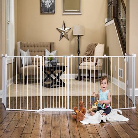 A sturdy 192-inch metal play gate that can be folded up for easy storage. Large Baby Gate, Best Baby Gates, Extra Wide Baby Gate, Wide Baby Gate, Retractable Baby Gate, Baby Play Yard, Baby Safety Gate, Baby Gate, Baby Gates