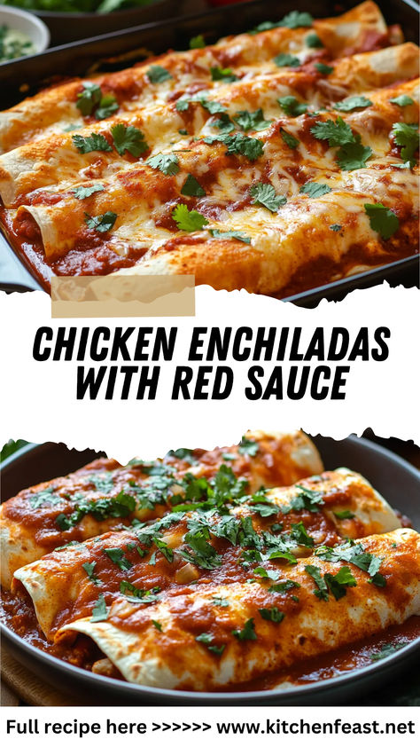 These Chicken Enchiladas with Red Enchilada Sauce are bursting with flavor! With seasoned chicken, cheese, and tangy sauce, they’re perfect for any meal. Chicken Enchiladas Recipe Red Sauce, Red Chili Chicken Enchiladas, Chicken Enchiladas Easy Red Sauce Corn Tortillas, Easy Red Enchiladas, Shrimp Enchiladas Red Sauce, Enchalidas Sauce Recipes, Chicken Enchiladas With Red Sauce Easy, Red Enchiladas Chicken, Chicken Enchiladas Red Sauce