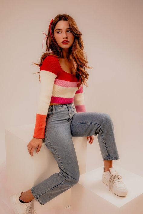 Valentine's Day Sweater Color Block Design, Striped Crop Top, Long Sleeve Knit Tops, Block Design, Color Stripes, Sheer Fabrics, Striped Knit, Long Sleeve Knit, Casual Wardrobe