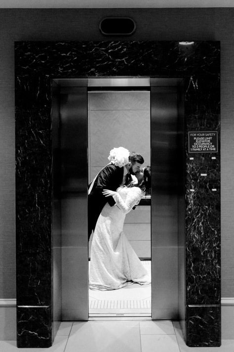 Elevator First Look Wedding, Hotel Hallway Wedding Photos, After Wedding Aesthetic, Wedding Photography Elevator, Elevator Bride And Groom, Elevator Photoshoot Wedding, Hotel Lobby Aesthetic Photoshoot, Wedding Photos Elevator, Downtown Bride And Groom