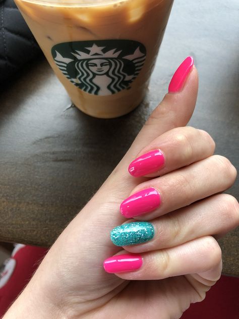 Hot pink & turquoise sparkles Teal And Pink Nails Acrylic, Barbie Pink And Blue Nails, Turquoise Pink Nails, Pink And Turquoise Nails Summer, Hot Pink And Turquoise Nails, Pink And Aqua Nails, Hot Pink And Teal Nails, Pink Turquoise Nails, Turquoise And Pink Nails