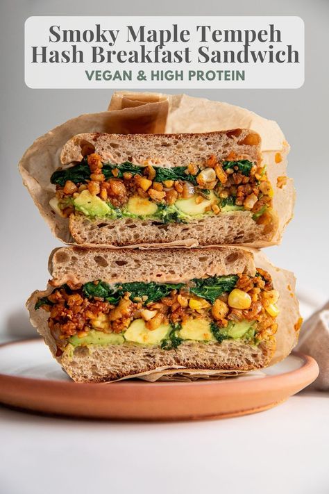 High protein breakfast sandwiches loaded with a smoky maple tempeh hash. Prep ahead for an easy grab and go meal to start your day. Protein Sandwich, 30 Minute Meals Easy, Vegan Breakfasts, Quick And Easy Soup, Healthy Vegan Breakfast, Breakfast Hash, High Protein Vegan, Breakfast Sandwiches, High Protein Breakfast