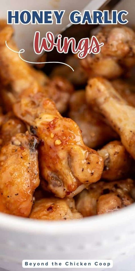 Honey Garlic Chicken Wings Baked Honey Garlic Chicken Wings, Honey Garlic Wings, Appetizers For A Party, Baked Honey Garlic Chicken, Honey Garlic Chicken Wings, Garlic Wings, Pork Roast In Oven, Garlic Chicken Wings, Baked Wings