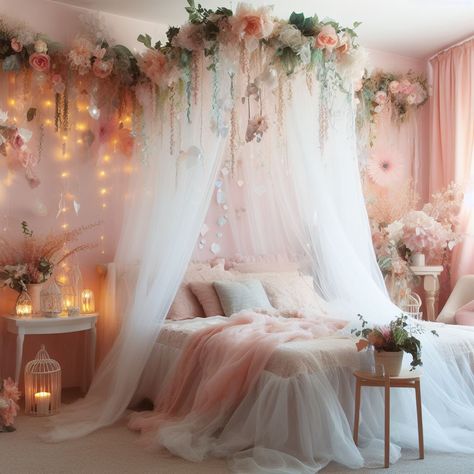 Flower Bedrooms, Enchanted Forest Bedroom Fairy Room, Flower Themed Bedroom, Blush Boho Bedroom, Girls Fairy Bedroom, Rich Girl Bedroom, Enchanted Bedroom Ideas, Arabic Decoration, Enchanted Bedroom