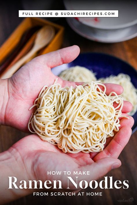 A photo of homemade raw ramen noodles held in two hands Noodles From Scratch Recipe, Ramen Noodles From Scratch, Ramen Noodle Recipes Homemade, Noodles From Scratch, Ramen Noodles Recipe, Homemade Ramen Noodles, Handmade Noodles, Healthy Food Recipies, Japanese Ramen Noodles