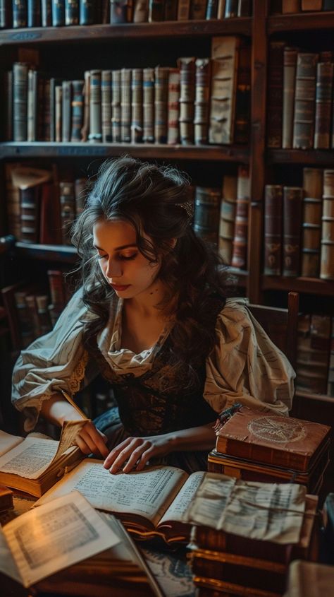 "Vintage library reading: A young woman in a vintage dress sits reading intently among aged books in a dimly lit #bookstagram. #retro #literature #nostalgia #vintagefashion #bibliophile #artificialintelligence #digitalart #stockcake ⬇️ Download and 📝 Prompt 👉 https://stockcake.com/i/vintage-library-reading_1168466_905275" Retro Vision Board, Librarian Pose Reference, Woman Reading Reference, Reading Reference Pose, Vintage Library Photoshoot, Reading Book Pose, Photoshoot In A Library, Women Reading Books, Academia Photoshoot