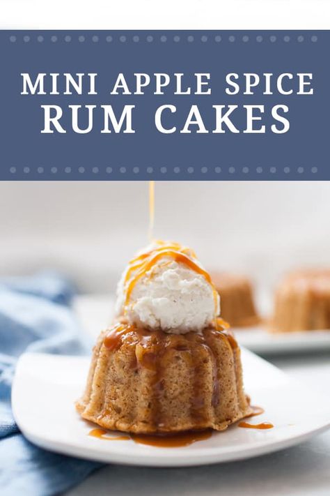 This is the perfect fall dessert to make! Apple Spice Mini Rum Cakes are a twist on pound cake, made with fall spices like cloves, ginger and allspice, spiced rum and crisp apples. Serve it with a homemade spiced rum caramel sauce and top with a scoop of vanilla bean ice cream. via @joyfullymad Mini Rum Cakes, Spiced Rum Cake, Rum Cakes, Dessert Apple, Apple Spice Cake, Apple Spice, Boozy Desserts, Mini Bundt Cakes, Fall Dishes