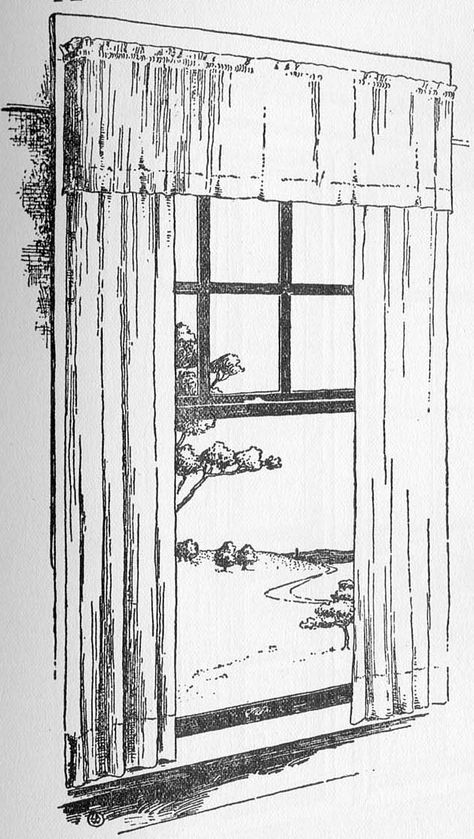 Typical of a bedroom window with a heavier fabric and valance mounted on nesting sizes of goose-neck curtain rods.   Designs had not yet been developed at the time of these illustrations in The Craftsman in June 1903 but plain, sometimes hemstitched curtains of this type remained appropriate throughout the Craftsman era. Drawing Of Curtains, Curtain Illustration Drawings, Bedroom Window Drawing, Outside The Window Drawing, Curtain Drawing Sketch, Window With Curtains Drawing, How To Draw A Window, Window Drawing Sketch, Bungalow Curtains