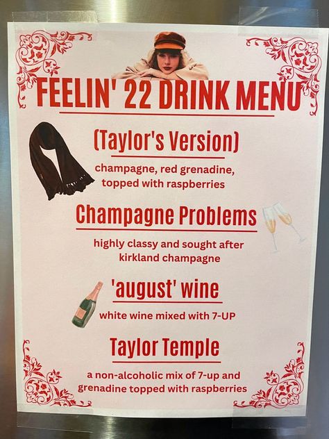 T Swift Birthday, Taylor Swift Red Era Party, Taylor Swift Folklore Inspired Drinks, Taylor Birthday Party Ideas, Taylor Swift Cocktail Drink, Taylor Swift Themed 22nd Birthday, Taylor Swift Birthday Party Ideas Red, Taylor Swift Tailgate Ideas, Taylor Swift 22 Party Ideas