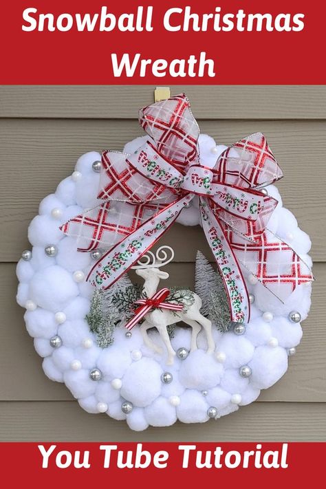 Dollar Tree Christmas Wreaths Diy Easy, Snowball Wreath Diy, Dollar Store Snowman Wreath, Snowman Wreath Diy Dollar Stores, Foam Wreath Ideas Diy, Bow Maker Tutorial, Snowman Wreath Diy, Christmas Wreath Dollar Tree, Diy Yarn Wreath Tutorial