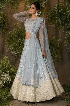 Aqua Blue Lehenga, Light Blue Lehenga, Dratini Pokemon, Indian Long Dress, Mirror Work Lehenga, Work Lehenga, Rp Ideas, Bride Outfits, Red Lehenga