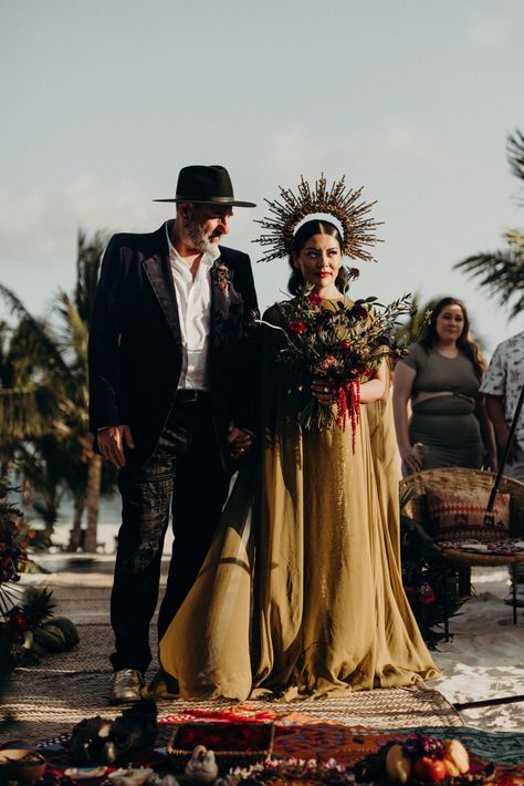 Latin Inspired Wedding, Mexican Bridesmaid Dresses, Mexico Wedding Dress, Mexican Boho, Mexican Wedding Dress, Edgy Wedding, Bride Crown, Gold Wedding Dress, Wedding Hair Inspiration