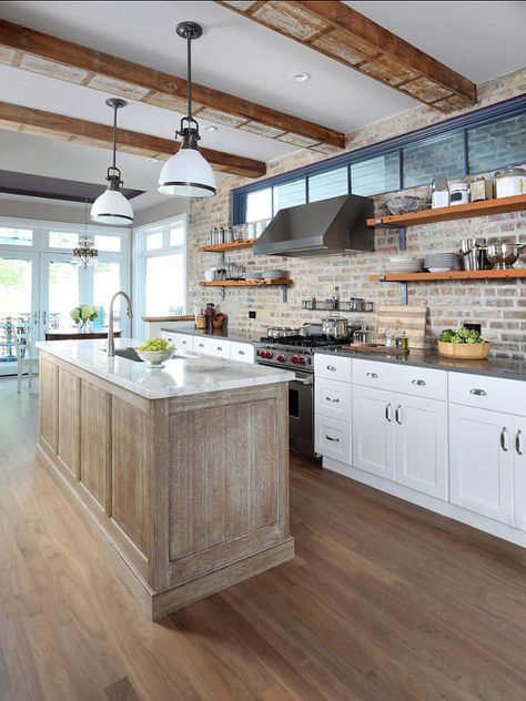 Kitchen. Transitional Kitchen Design. Transitional kitchen with brick backsplash and open shelves. #Kitchen #TransitionalKitchen Brick Kitchen Ideas, Exposed Brick Kitchen, Brick Kitchen Backsplash, Floors Ideas, Brick Backsplash Kitchen, Transitional Kitchen Design, Coastal Kitchen Design, Shotgun House, Brick Kitchen