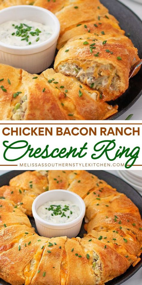 Here's a crescent roll recipe for your snack ideas! It's also a simple appetizer or main dish. Delicious and fun to eat, this Chicken Bacon Ranch Crescent Ring is sure to be a hit! Pin this for later! Chicken Bacon Ranch Crescent, Crescent Rolls Recipes, Crescent Roll Ring Recipes, Chicken Crescent Ring, Crescent Ring Recipes, Easy Crescent Roll Recipes, Crescent Roll Recipes Dinner, Easy Crescent Rolls, Chicken Crescent Rolls