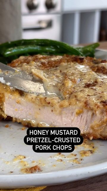 Allrecipes on Instagram: "Personally, we’re on board with anything pretzel-crusted 🥨 , and these Honey Mustard Pretzel Pork Chops REALLY locked that in for us.   Ingredients: 2 large eggs, beaten 2 teaspoons hot sauce 3 cups honey mustard pretzels, such as Dots® Honey Mustard pretzels 4 center-cut, bone-in pork chops 1 1/4 teaspoons kosher salt, divided 3/4 teaspoon freshly ground black pepper, divided 2 tablespoons olive oil 1 1/2 tablespoons whole grain mustard 1 tablespoon mayonnaise 1 tablespoon honey 1 teaspoon apple cider vinegar  Directions:  Preheat the oven to 400 degrees F (200 degrees C). Set a wire rack inside a rimmed baking sheet; set aside. Whisk eggs and hot sauce together in a shallow dish. Crush pretzels in a food processor or plastic bag and add them to a second shallow Honey Mustard Pretzel Pork Chops, Pretzel Crusted Pork Chops, Season Pork Chops, Mustard Pretzels, Honey Mustard Pretzels, Bone In Pork Chops, Pork Dinners, Whole Grain Mustard, Chicken Alfredo Bake