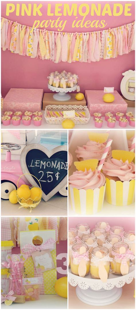 Loving this pink and yellow lemonade party! See more party ideas at CatchMyParty.com! Pink Lemonade Baby Shower Theme, Lemonade Party Theme, Preppy Bday, Yellow Birthday Party, Lemonade Stand Birthday, Pink Lemonade Party, Lemon Theme, Baby Theme, Lemonade Party