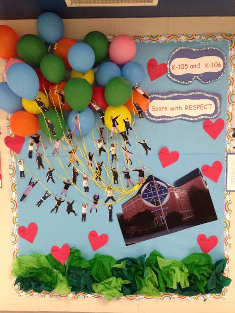 Bulletin board for the week of Respect inspired by the movie UP! Bulletin Board Balloons, Respect Door Decorating Ideas, Up House Bulletin Board, Up Inspired Bulletin Board, Up Movie Classroom Theme Bulletin Boards, Respect For All Bulletin Board, Respect Bulletin Boards, Up Bulletin Board, Door Decorations College