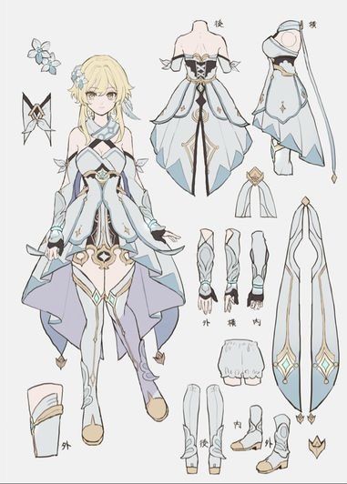 Lumine Outfit Genshin Impact, Lumine Character Design, Genshin Lumine Outfit, Lumine Character Sheet, Lumine Reference Sheet, Lumine Full Body Genshin, Female Character Design Sheet, Genshin Body Sheet, Lumine Outfit Designs